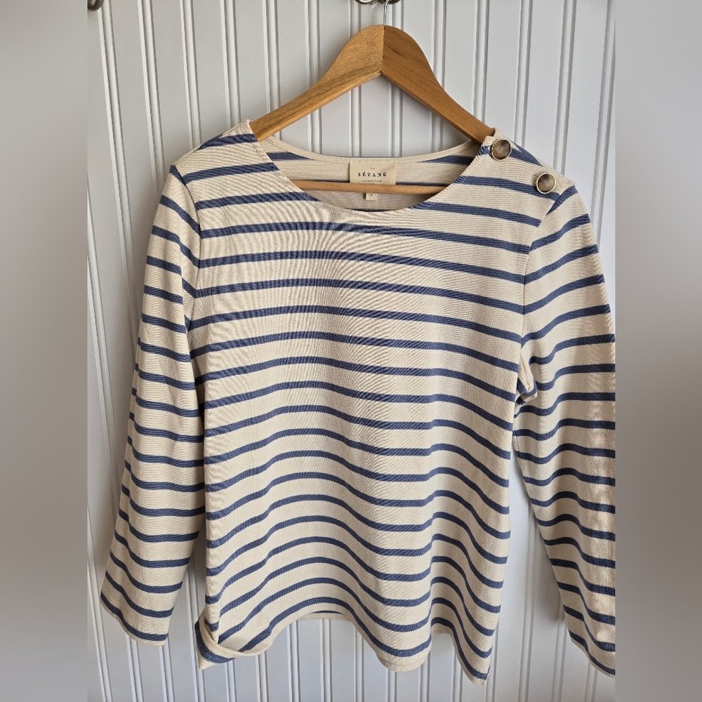 Sezane Cream and Blue Striped Long Sleeve Top